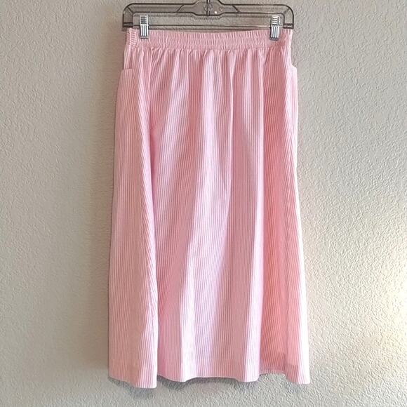 Vintage Pink Seersucker Pinstripe Elastic Waist Buttoned Pocketed Midi Skirt 14 - Picture 5 of 9